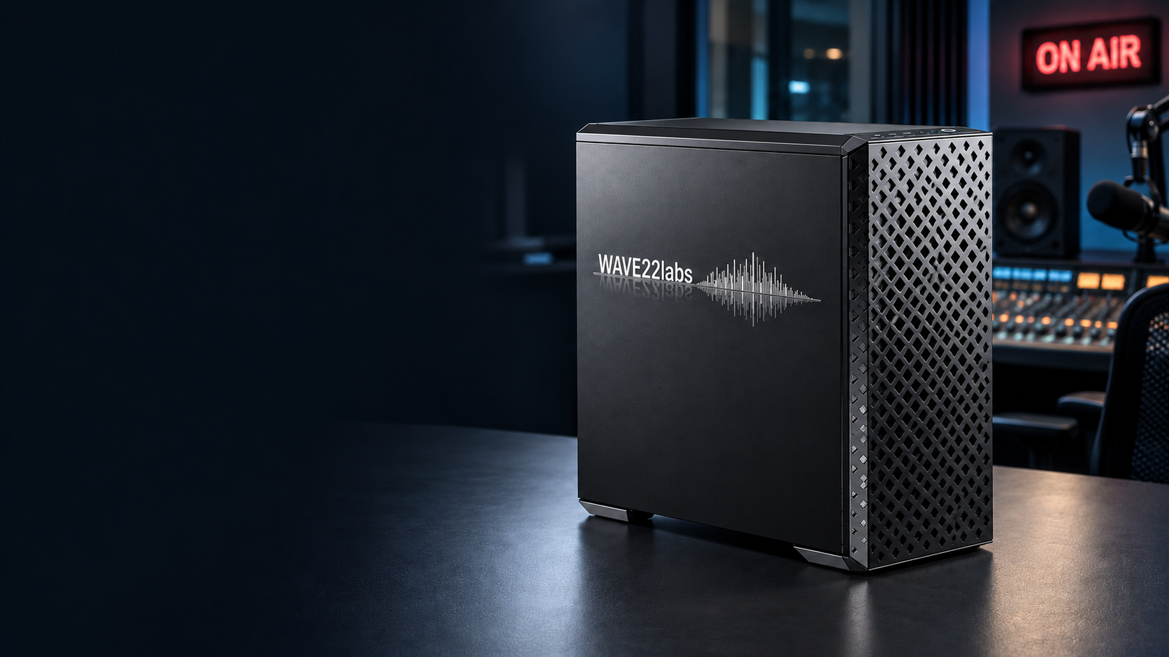 WAVE22 labs ltd graphite captioning appliance with silver engraving, in a broadcast studio.